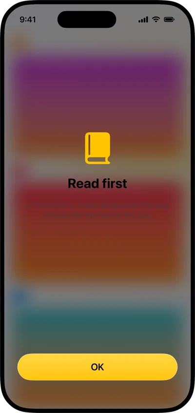 The screen shown when you open a locked app: a yellow book icon, a short line saying 3 more minutes in Apple Books unlocks the app for the rest of the day, and an OK button.